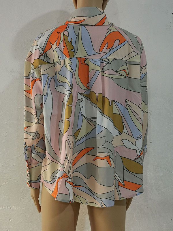Contrast Color Printed Long Sleeves Loose Lapel Blouses