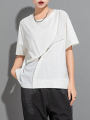 Asymmetric Split-Joint Zipper Loose Short Sleeves Round-neck T-Shirts Tops