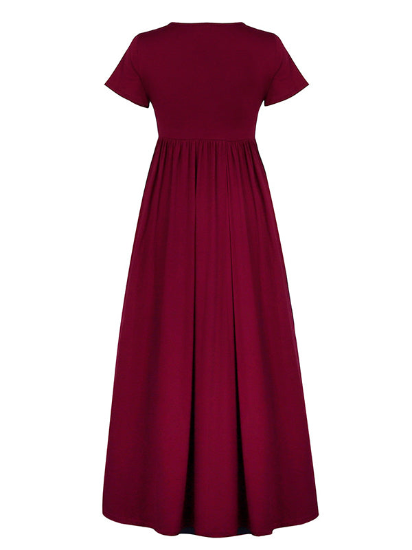 Pleated Pockets Solid Color Split-Joint High Waisted Short Sleeves Round-Neck Maxi Dresses