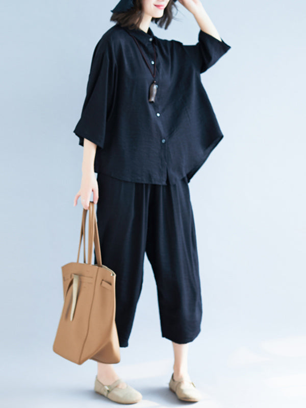 Two-Pieces Black Loose Shirt And Ninth Pants Suit