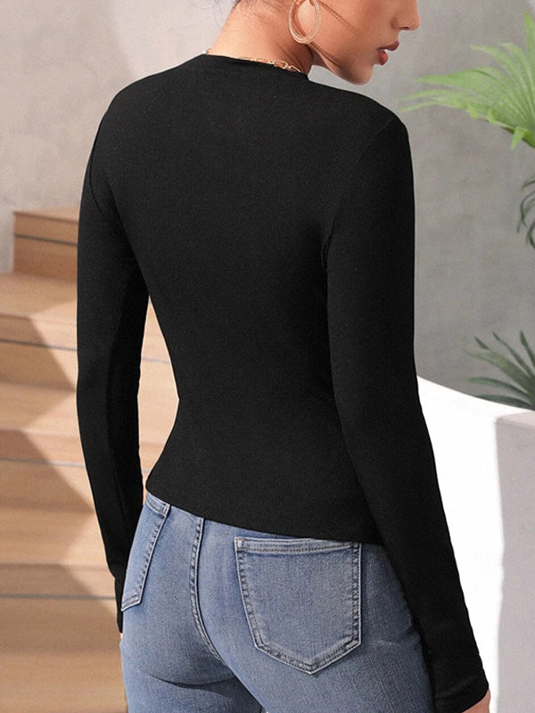 Asymmetric Solid Color Split-Side Long Sleeves Skinny Round-Neck T-Shirts Tops
