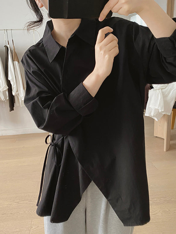 Lace-Up Solid Color Irregular Clipping Long Sleeves Lapel Blouses