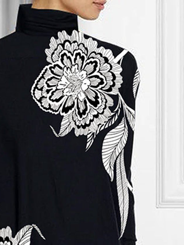 Asymmetric Floral Printed Split-Joint Batwing Sleeves Loose High Neck T-Shirts
