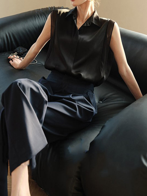 Buttoned Solid Color Split-Joint Loose Sleeveless Lapel Blouses&Shirts Tops