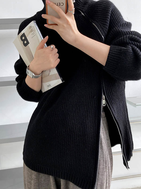 Split-Joint Split-Side Zipper Long Sleeves Loose High Neck Sweater Tops