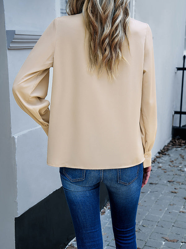 Pleated Solid Color Split-Joint Loose Puff Sleeves Round-Neck Blouses