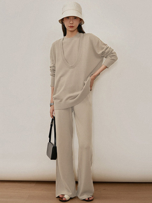 Urban Loose Solid Round-Neck Vest Top& V-Neck Sweater Tops& Wide Leg Pants Three-Piece Set