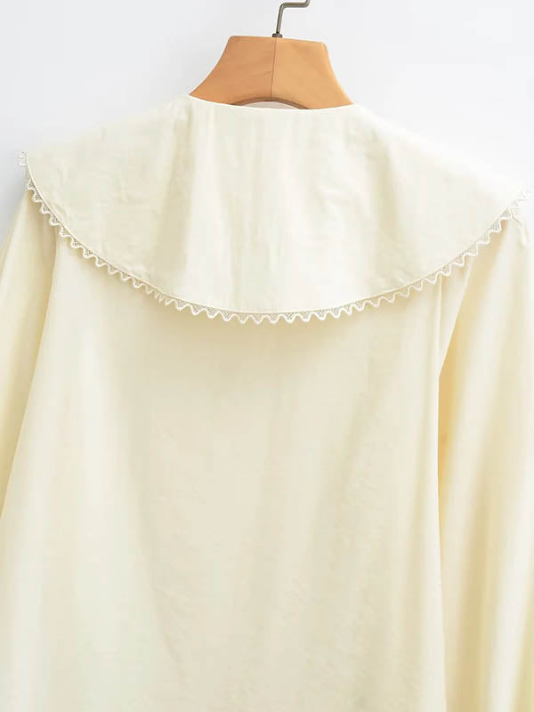 Pleated See-Through Solid Color Split-Joint Loose Puff Sleeves Peter Pan Collar Blouses&Shirts Tops