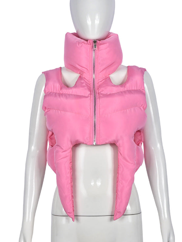 Hollow Solid Color Zipper Loose Sleeveless Stand Collar Padded Vest
