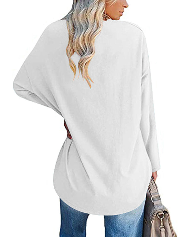 See-Through Solid Color Split-Joint Long Sleeves Loose V-neck T-shirts