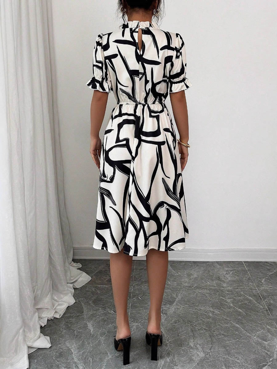 Abstract Printed Contrast Color Ruffled Split-Joint A-Line Bodycon Midi Dresses