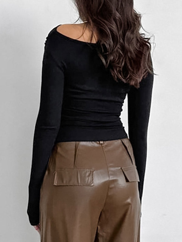 Asymmetric Solid Color Long Sleeves Skinny Asymmetric Collar T-Shirts Tops