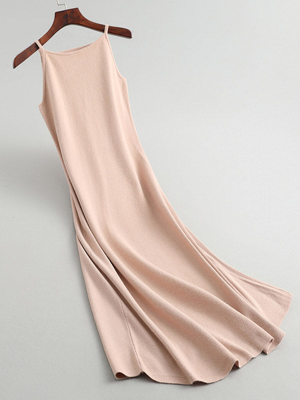 Solid Color A-Line High Waisted Spaghetti-Neck Midi Dresses