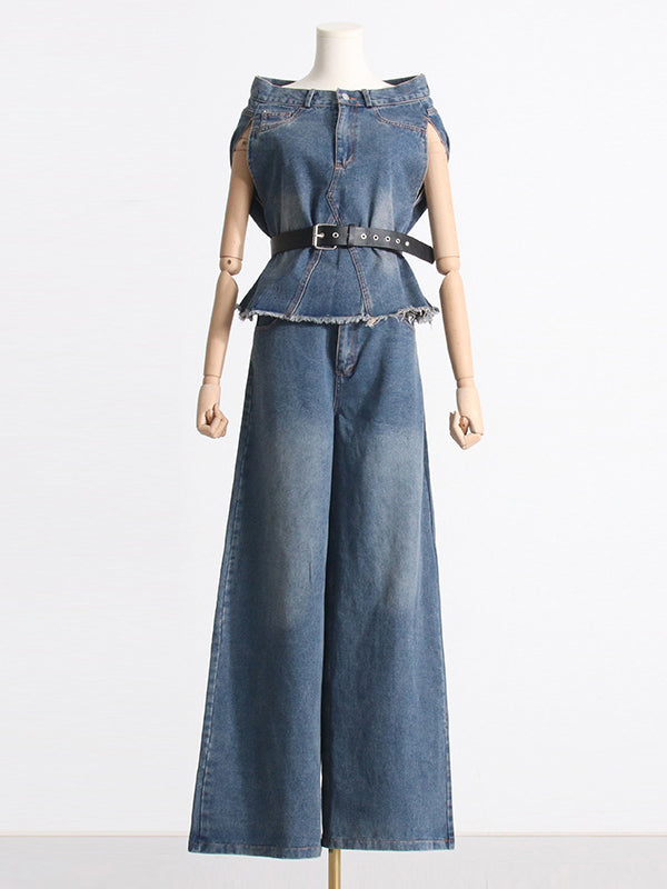 Asymmetric Split-joint Fringed Boat Neck Vest Top+ High Waisted Belted Jeans Bottom Two Pieces Set