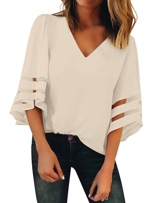Solid Color Split-Joint Loose V-Neck T-Shirts Tops