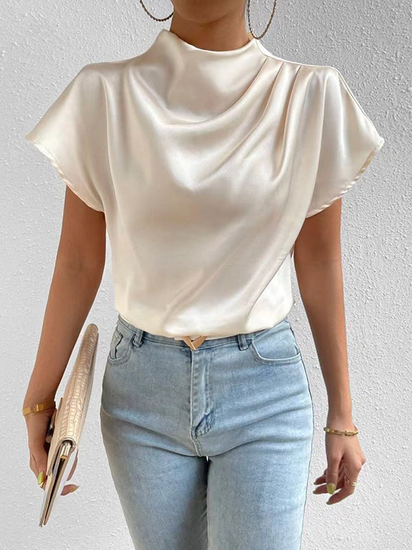 Pleated Solid Color Loose Short Sleeves Mock Neck T-Shirts Tops