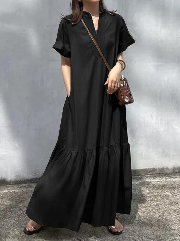 Solid Color Split-Joint A-Line Loose V-Neck Maxi Dresses