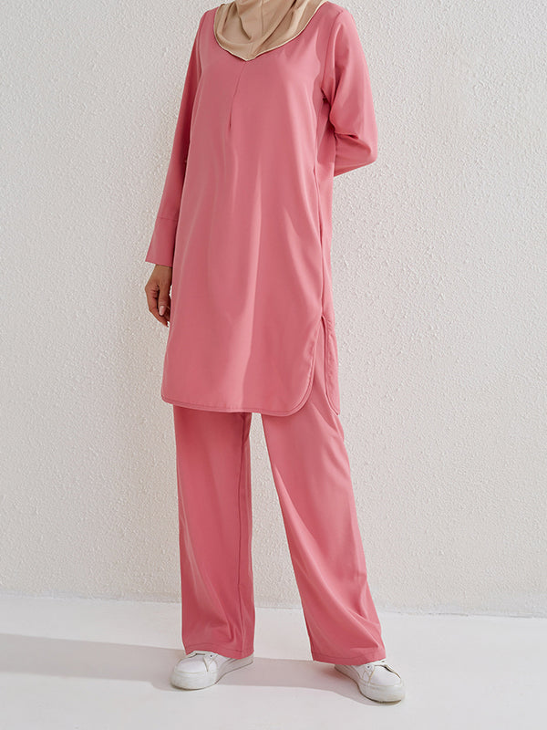 Round-Neck Long Sleeves Pockets Solid Color Split-Side Shirts Top + Pants Bottom Two Pieces Set