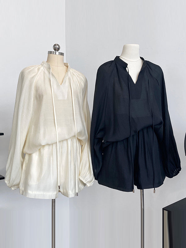 Casual Loose Solid Color Puff Sleeves Blouse&Wide Leg Shorts Two Pieces Set