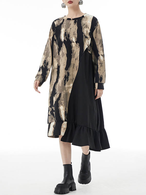 Asymmetric Contrast Color Ruffled Split-Joint Long Sleeves Loose Round-Neck Midi Dresses