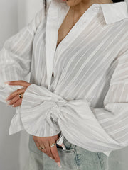 Drawstring See-Through Solid Color Split-Joint Loose Puff Sleeves Lapel Blouses&Shirts Tops