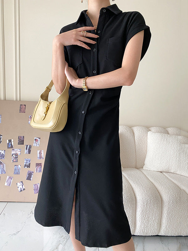 Buttoned Pleated Pockets Solid Color Split-Joint High Waisted Loose Lapel Midi Dresses