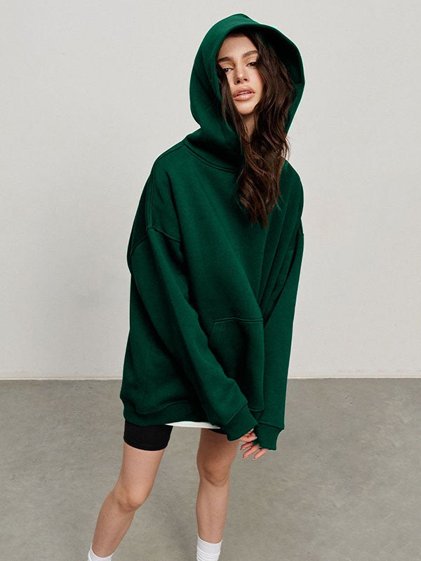 Pockets Solid Color Velvet Long Sleeves Loose Hooded Hoodies Tops
