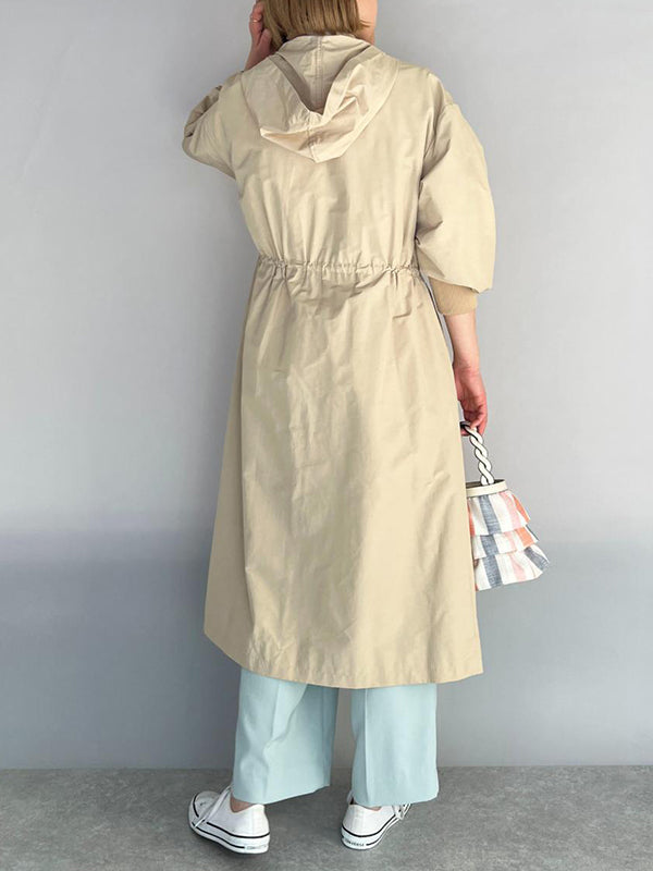 Loose Long Sleeves Drawstring Solid Color Zipper Hooded Trench Coats Outerwear