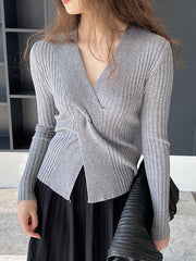 Knot Solid Color Long Sleeves Loose V-Neck Sweater Tops Pullovers