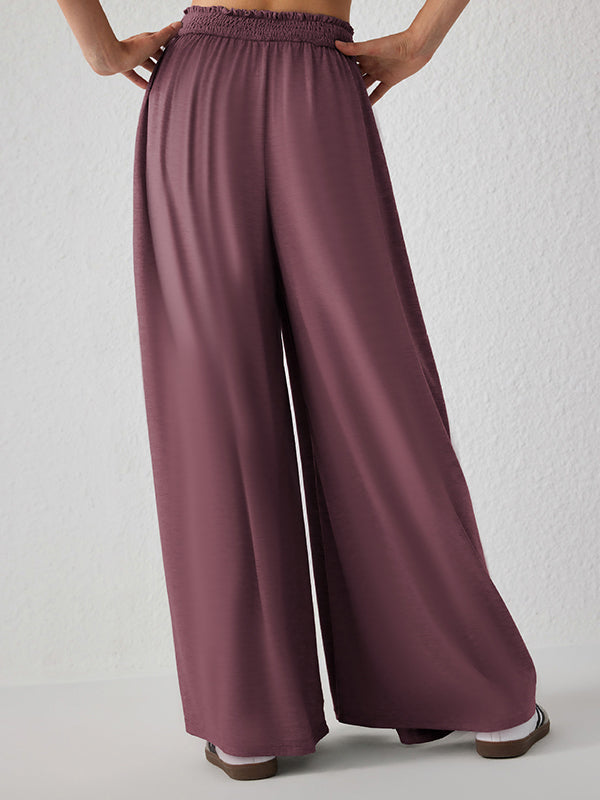 Pleated Pockets Solid Color Split-Joint High Waisted Loose Trousers Pants