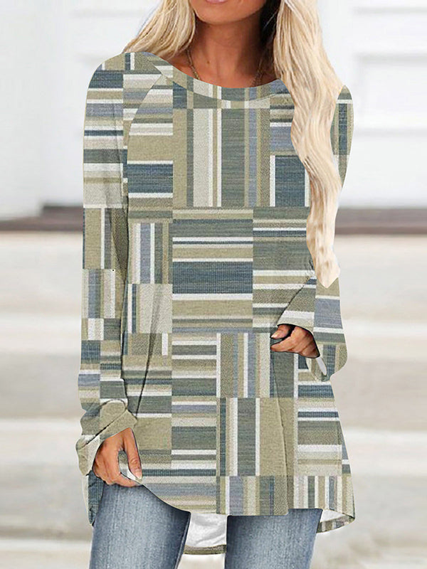 Contrast Color Printed Striped High-Low Long Sleeves Round-Neck T-Shirts Tops