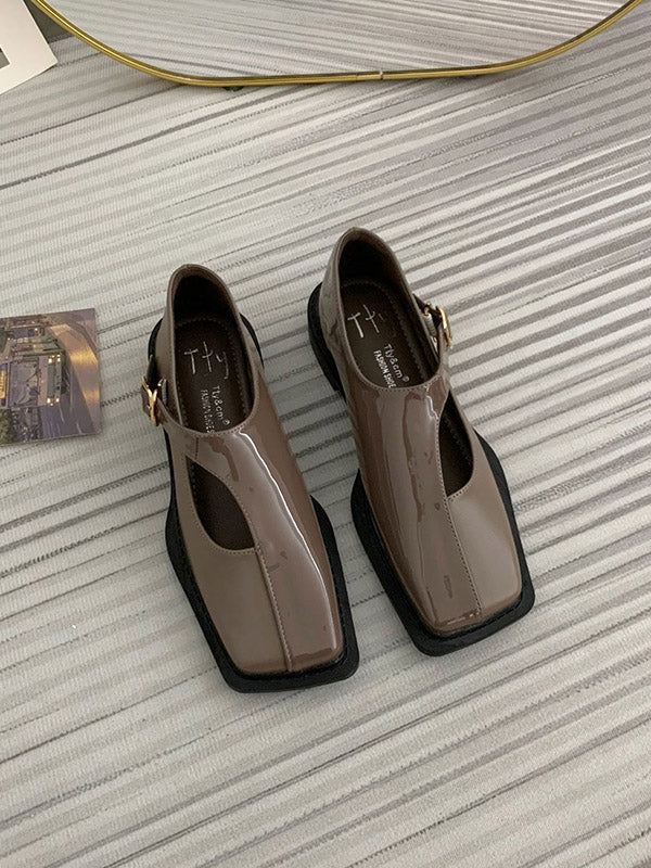 Buckle Hollow Split-Joint Square-Toe Loafers Flat Shoes