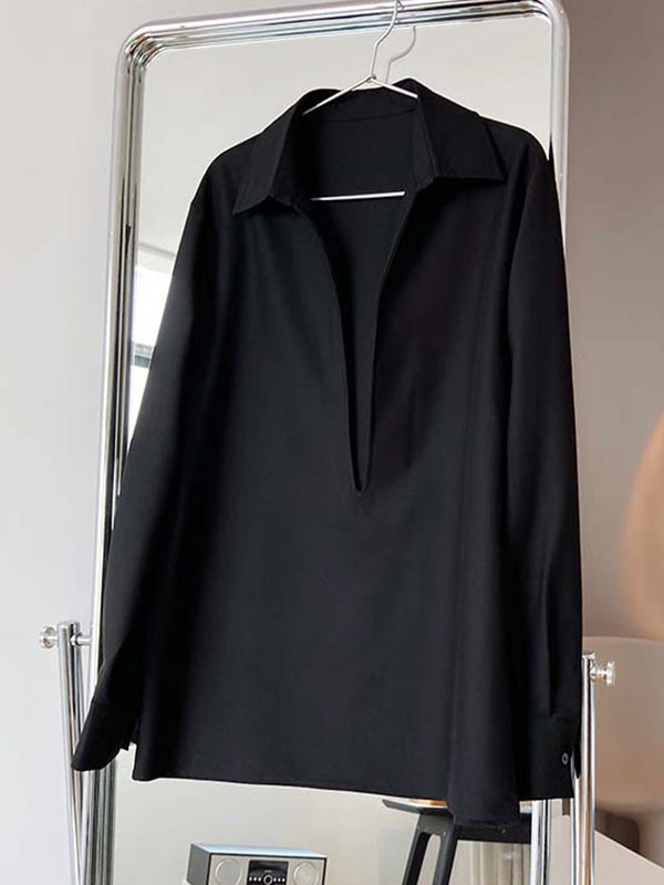 Solid Color Long Sleeves Loose Lapel Blouses