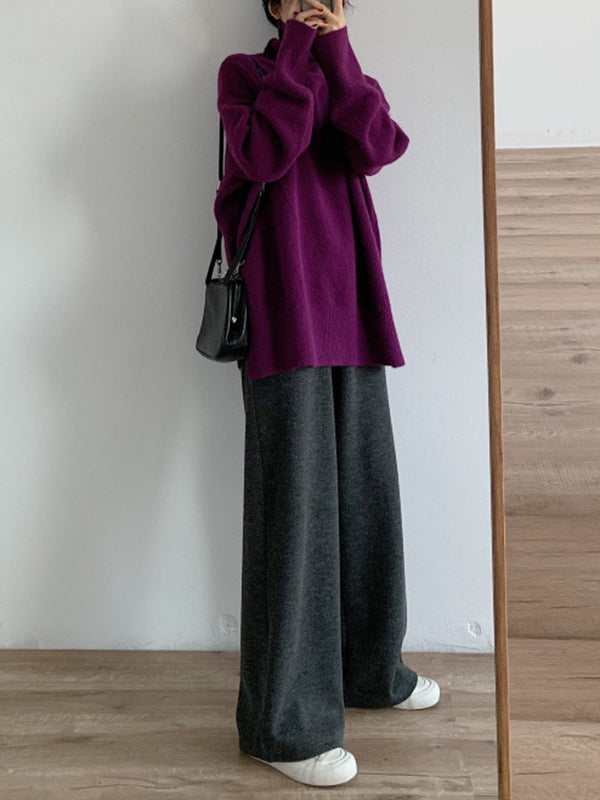Solid Color Split-Joint Split-Side Long Sleeves Loose High Neck Sweater