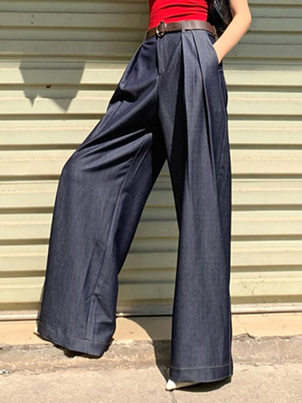 High-Waisted Pleated Solid Color Loose Wide Leg Trousers Pants