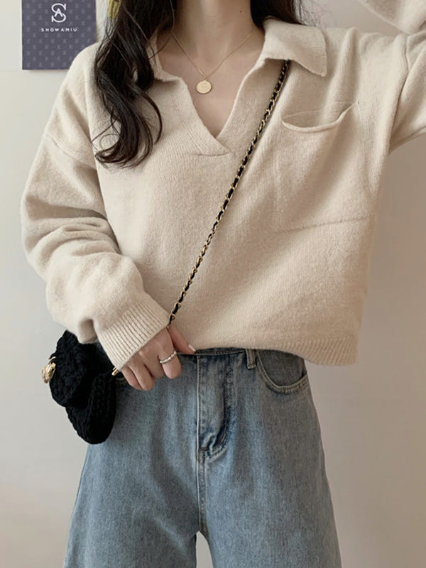 Casual Simple 6 Colors V-Neck Long Sleeves Sweater Top