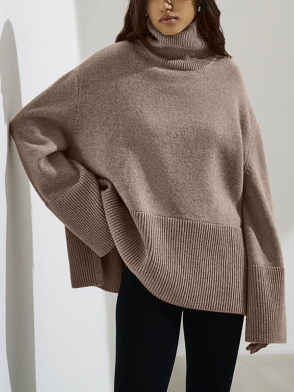 Pleated Solid Color Split-Side Long Sleeves Loose High Neck Sweater Tops