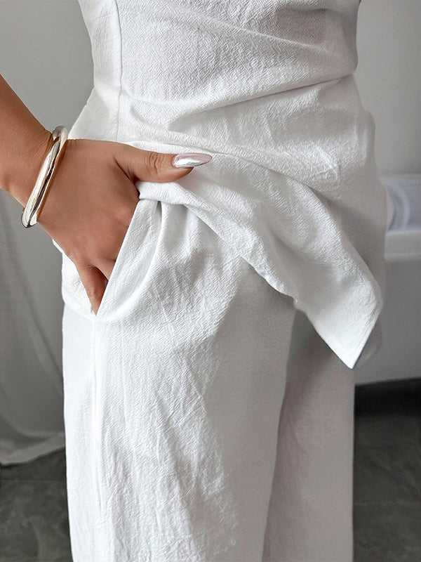 Lapel Short Sleeves Buttoned Solid Color Tied T-shirt Top + Pockets Pants Bottom Two Pieces Set