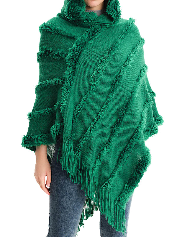Hooded Keep Warm Solid Color Tasseled Shawl&Cloak Cape