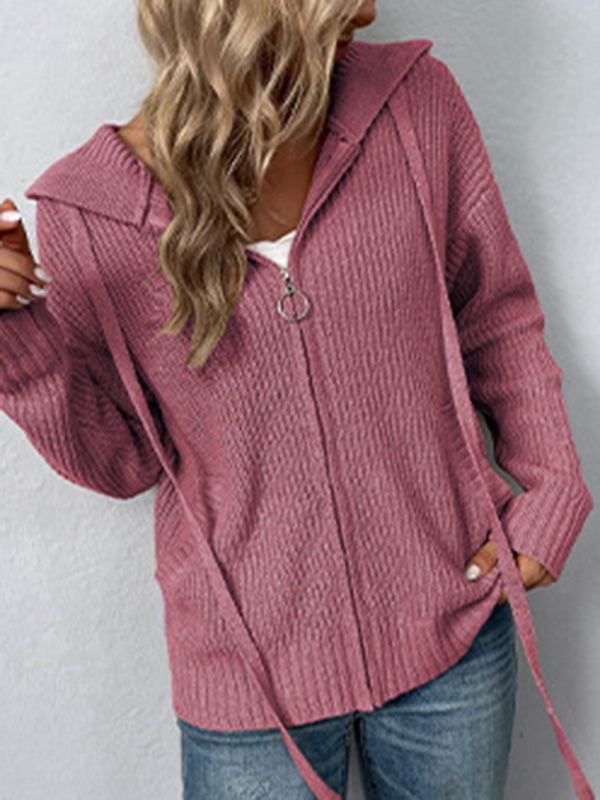 Casual Long Sleeves Hooded Solid Color Cardigan Tops