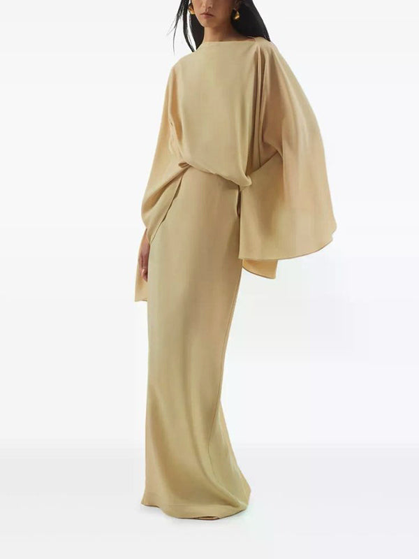 Solid Color Split-Joint Batwing Sleeves Loose Round-Neck Maxi Dresses Evening Dresses