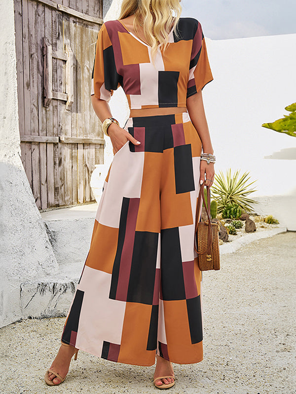 V-Neck Half Sleeves Backless Contrast Color Tied  T-shirt Top + Pockets High Waisted Pants Bottom Two Pieces Set
