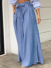 Pockets Solid Color Tied Waist Loose Wide Leg Jean Pants Bottoms