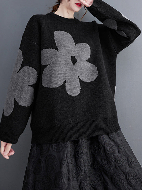Casual Long Sleeves Loose Contrast Color Jacquard Round-Neck Pullovers
