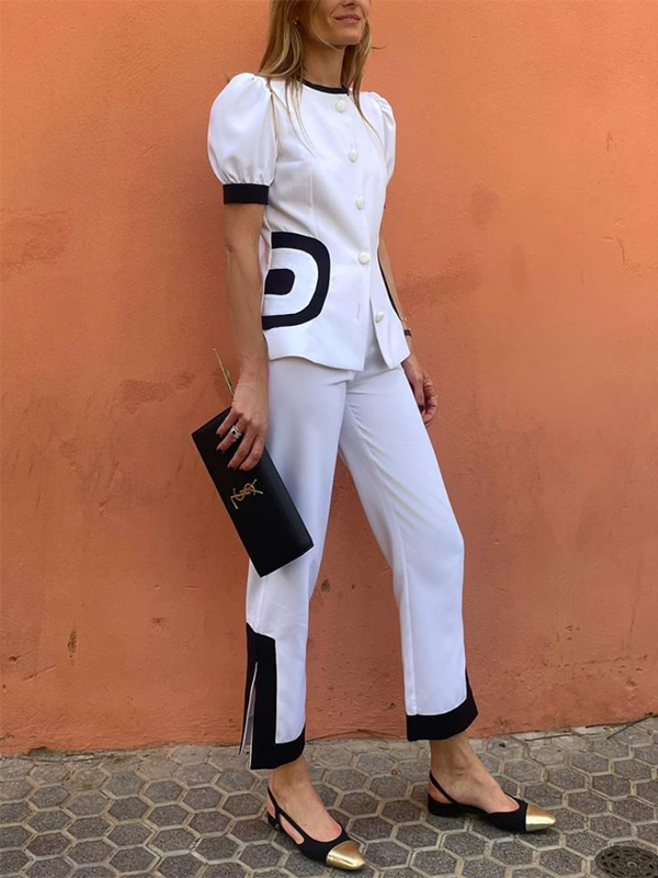 Buttoned Contrast Color Pockets Split-Joint Puff Sleeves Short Sleeves Round-Neck Blouses&Pants Two Pieces Set