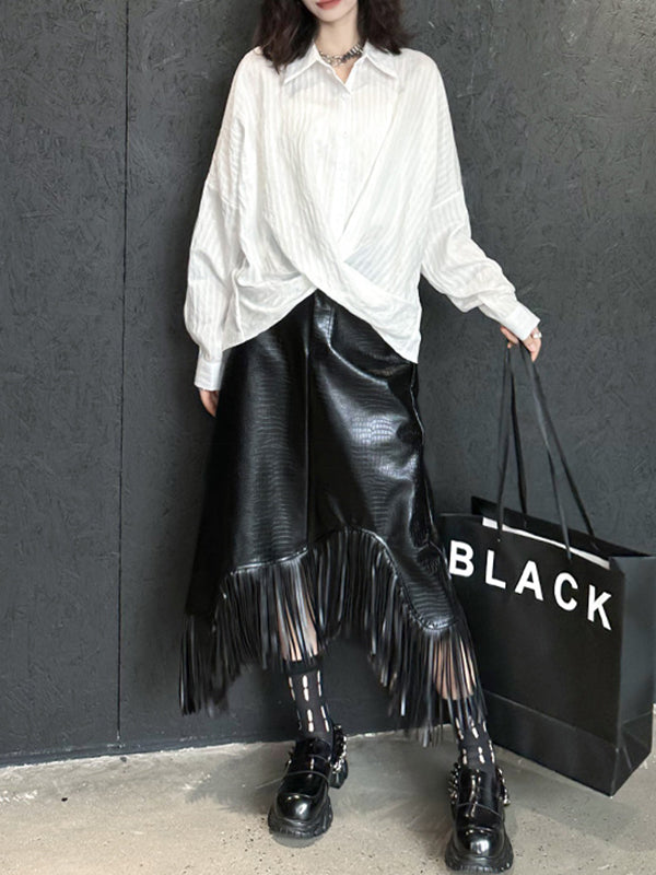 Buttoned Solid Color Long Sleeves Loose Lapel Blouses&Shirts Tops