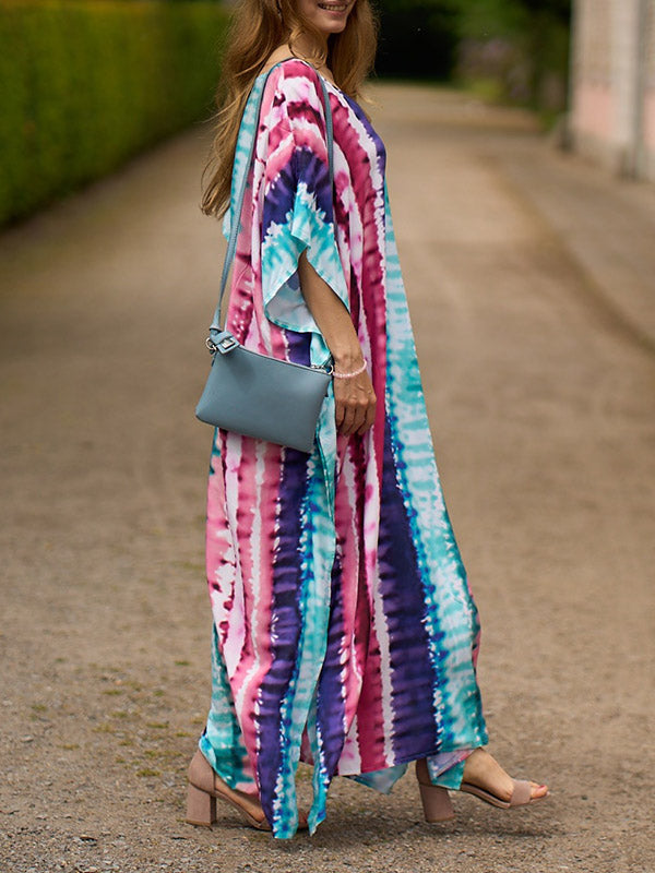 Contrast Color Printed Split-Side Batwing Sleeves Loose V-Neck Maxi Dresses Beach Cover-Up