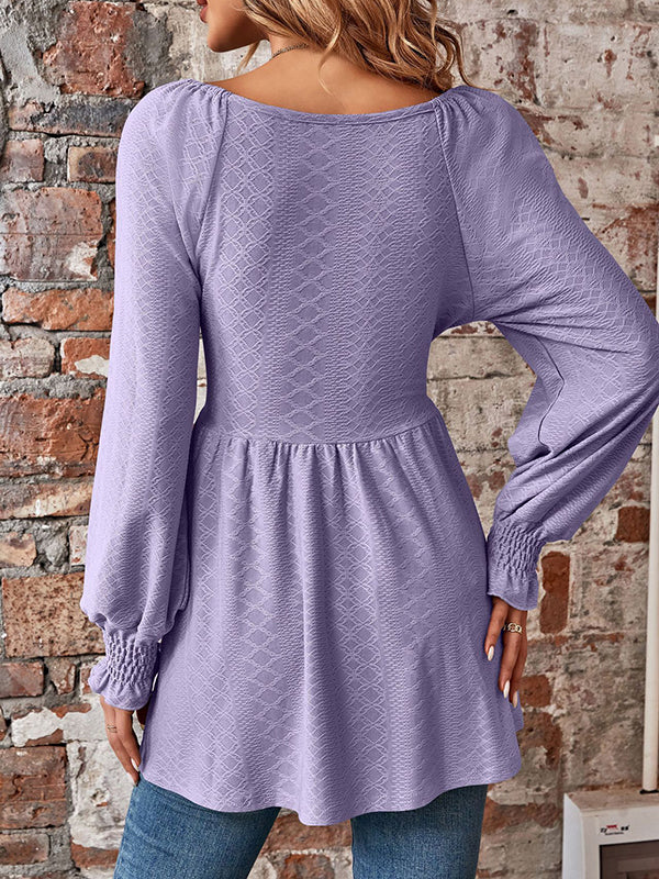 Elasticity Jacquard Pleated Solid Color Long Sleeves V-Neck T-Shirts Tops