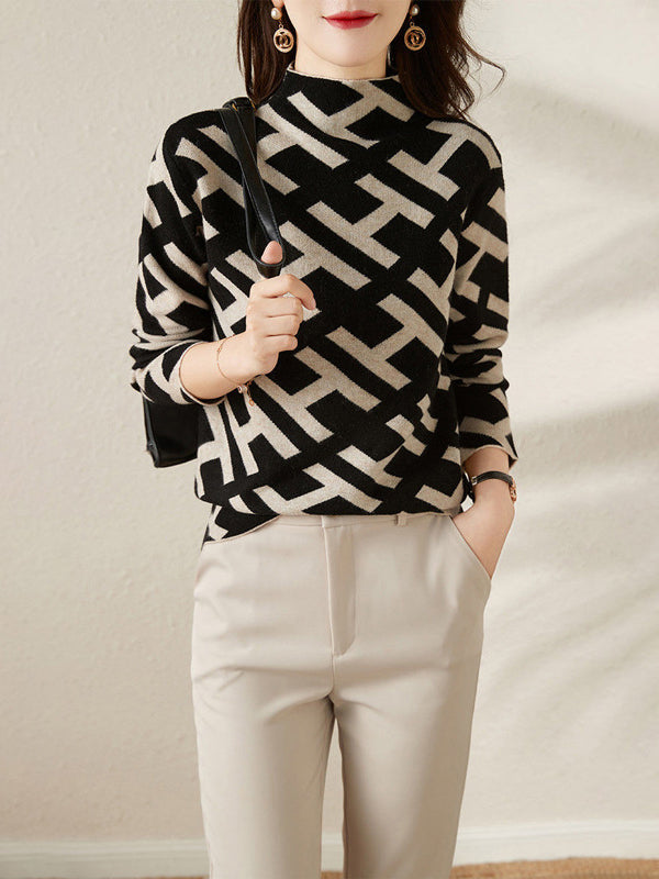 Original Skinny Long Sleeves Contrast Color Jacquard High-Neck Sweater Tops