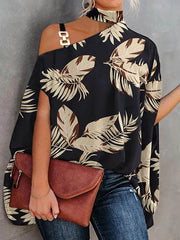 Asymmetric Chains Leaves Print Batwing Sleeves Loose Asymmetric Collar T-Shirts Tops
